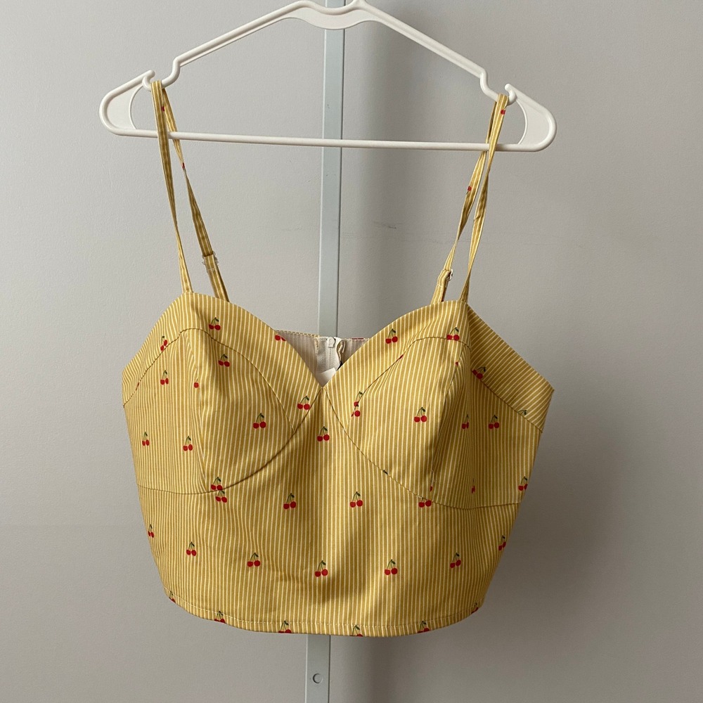 Voodoo Vixen Rockabilly Pinup‎ Cherry Striped Bustier Crop Top XL Yellow